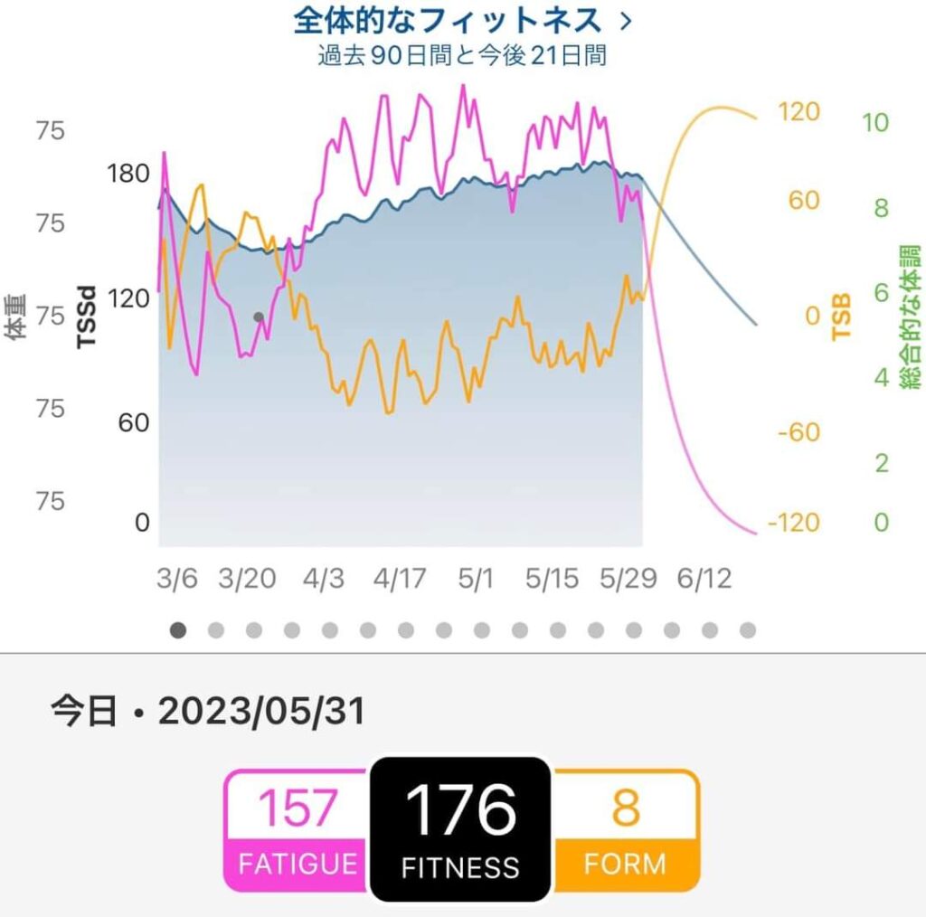 青は基礎体力、赤は短期疲労、黄色は体調