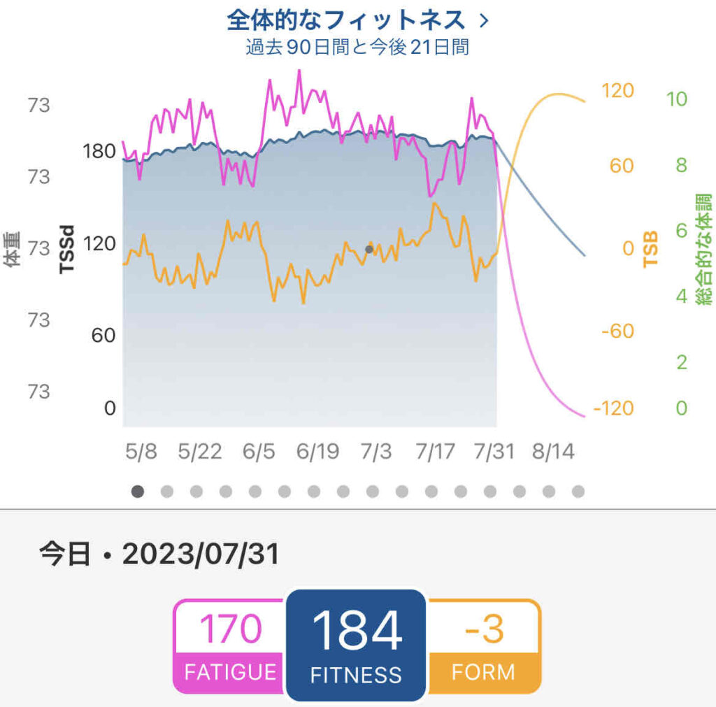 青は基礎体力、赤は短期疲労、黄色は体調