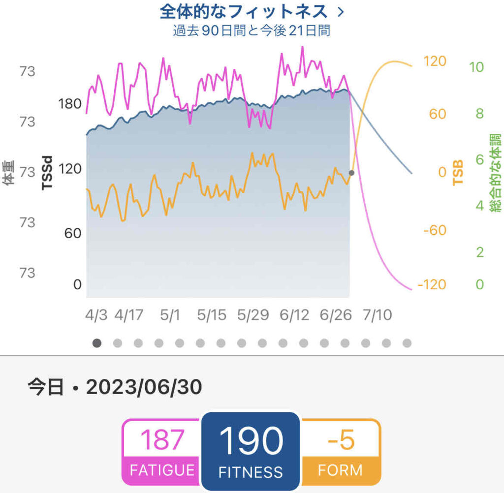 青は基礎体力、赤は短期疲労、黄色は体調